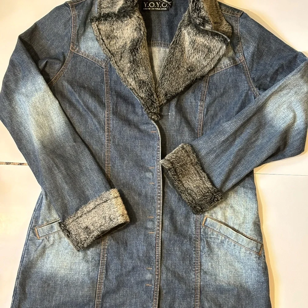 90s Denim Faux fur collard Jean jacketed Y2k vintage - Picture 3 of 8